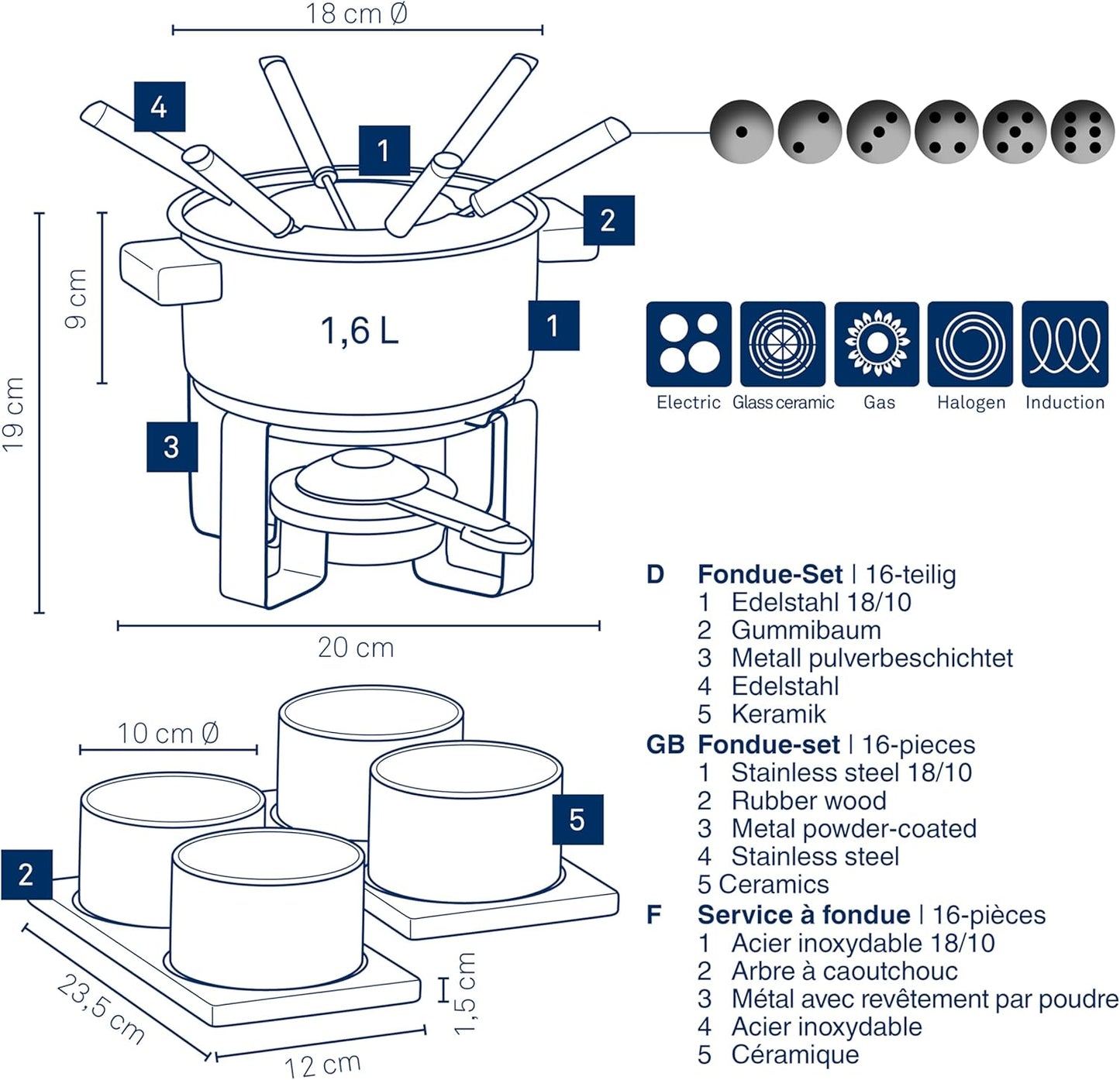 Fondue-Set GUNTEN 16-teilig Edelstahl mit 4 Keramikschalen