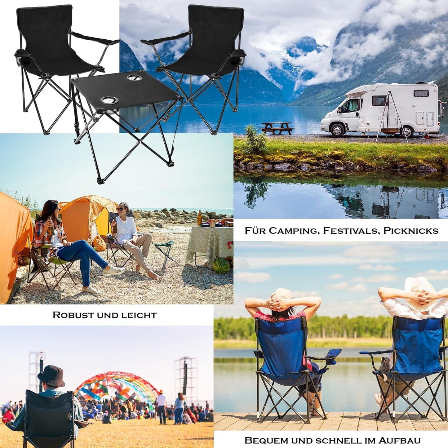 Campingstuhl & Campingtisch-Set, Schwarz
