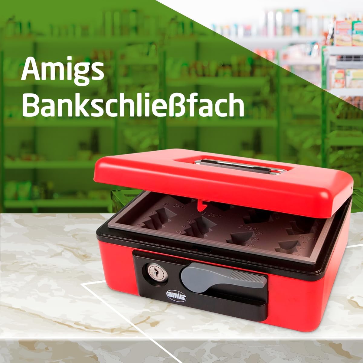 Sicherheits-Geldkassette mit Münzschale und Schlüssel, Rot 197 x 154 x 80 mm