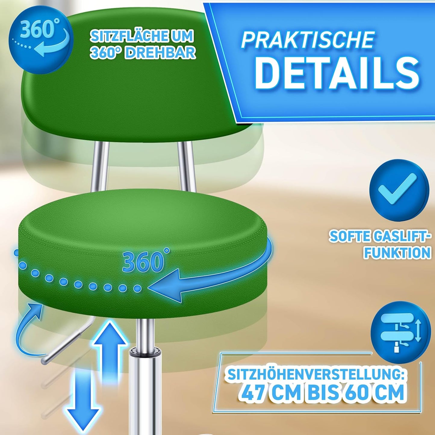Höhenverstellbarer Rollhocker mit Lehne, Grün