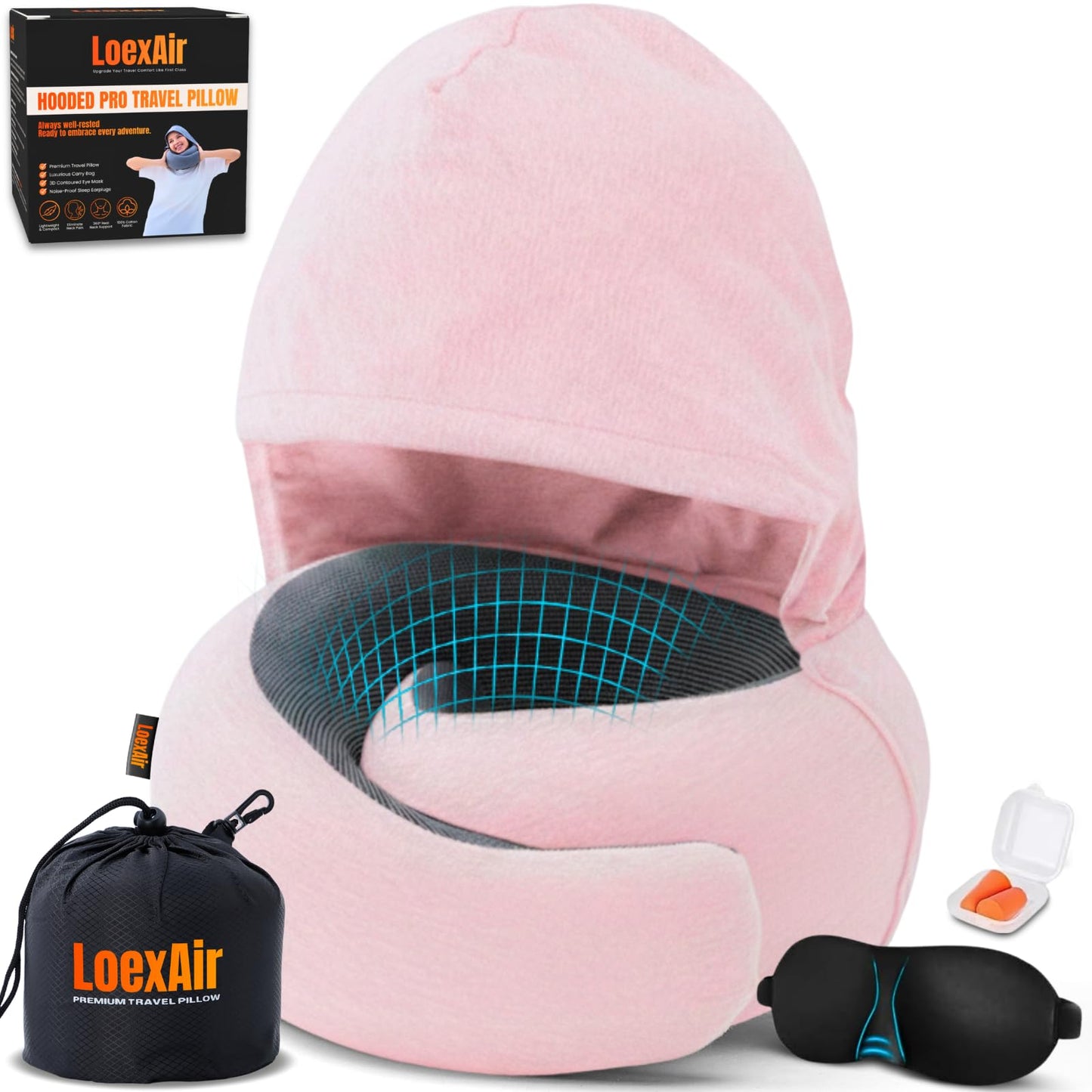 Nackenkissen mit Kapuze aus Memory-Schaum für Reisen, Sakura Pink Hooded Pro