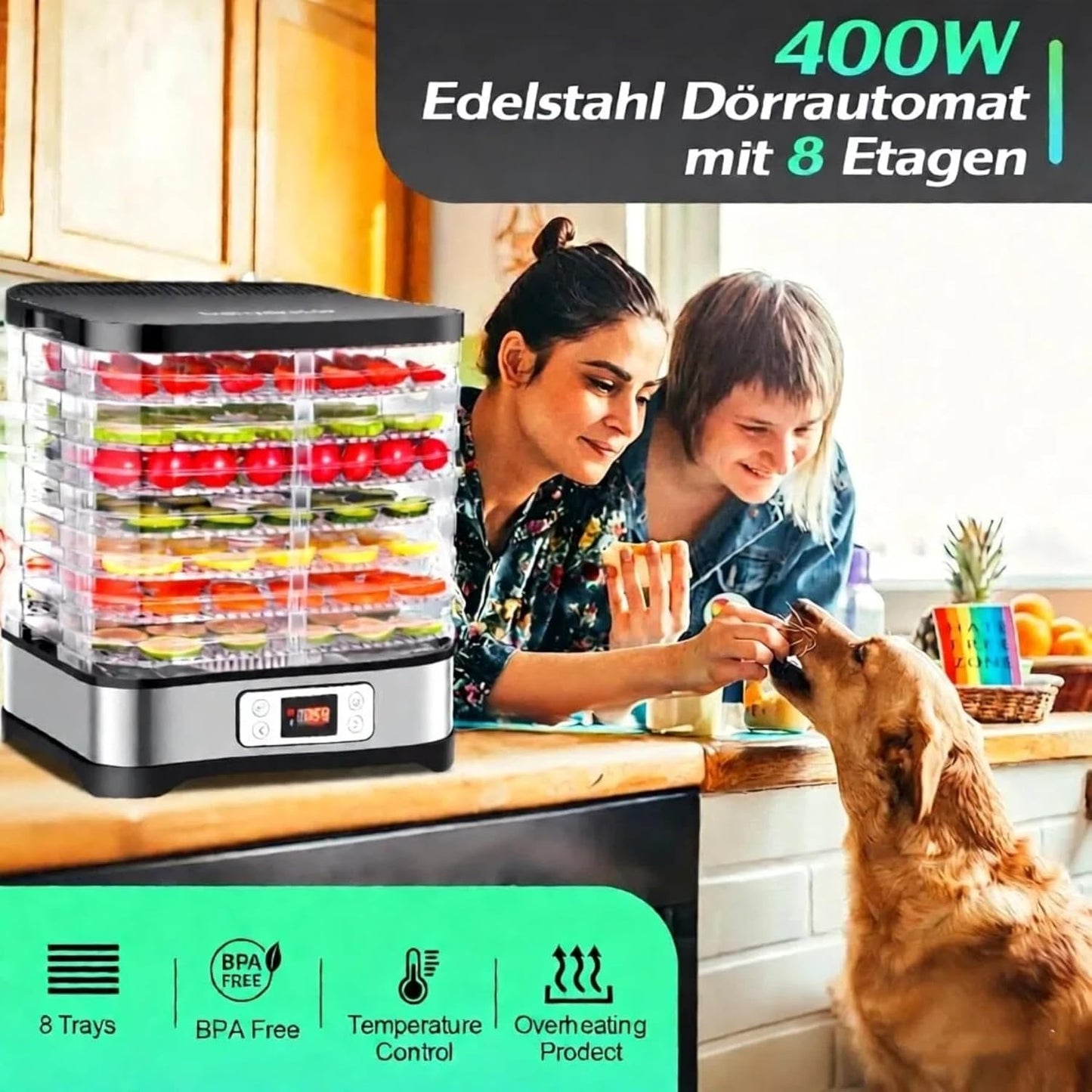 Dörrautomat 8 Etagen mit Timer & Temperaturregler, Schwarz Silber
