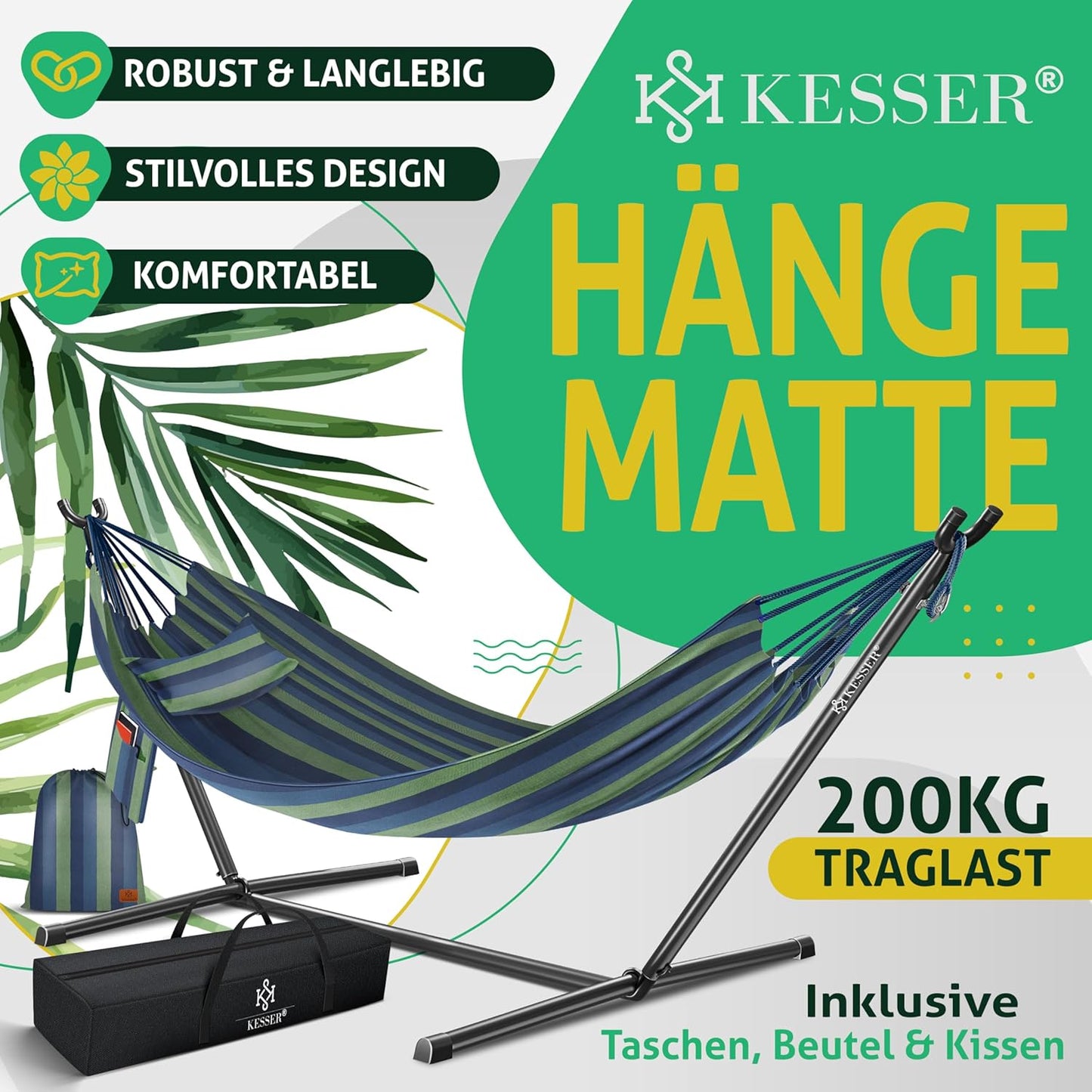Hängematte mit Gestell für 2 Personen (200kg), Blau