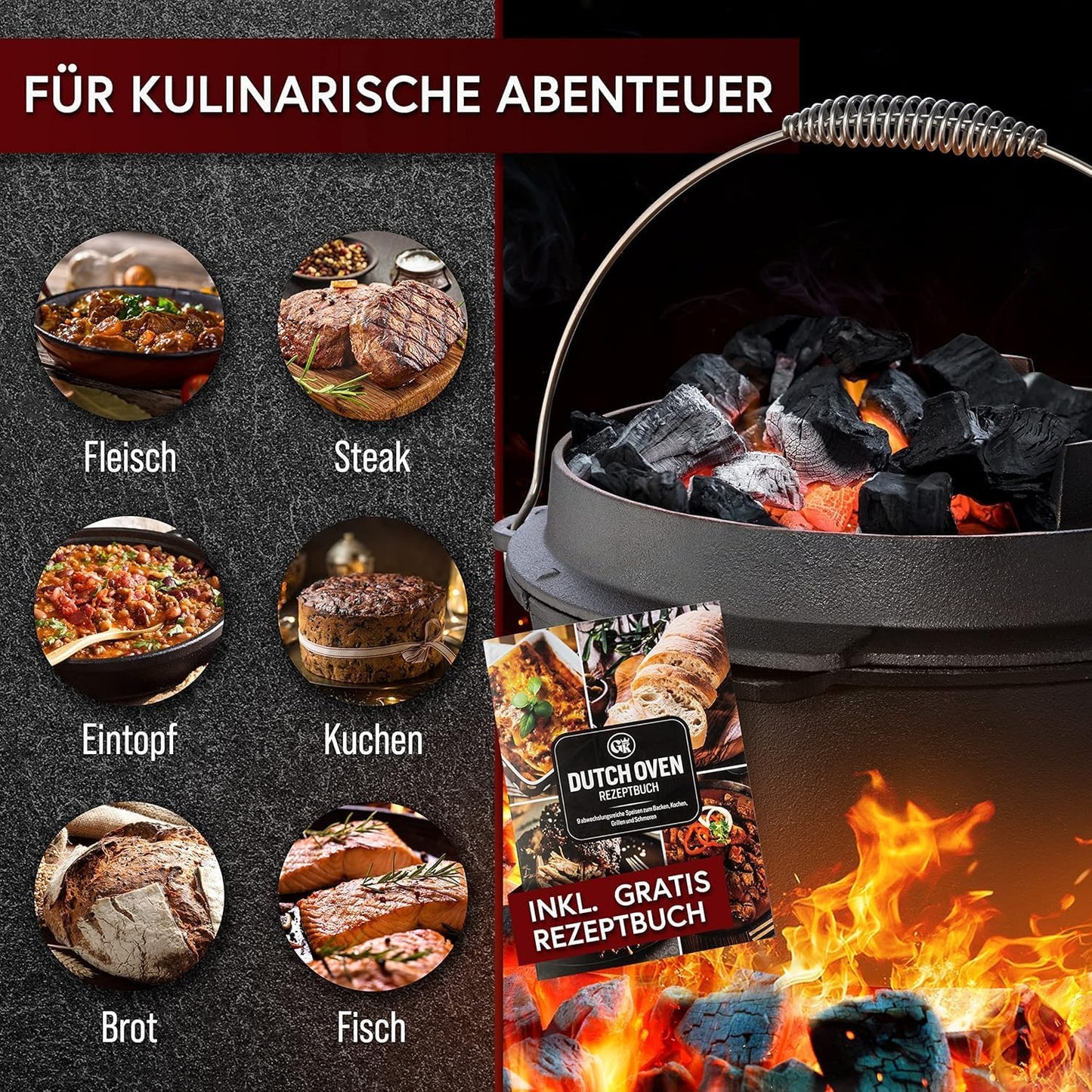 Dutch Oven Set, Topf ohne Fuss+Bürste 7 Liter