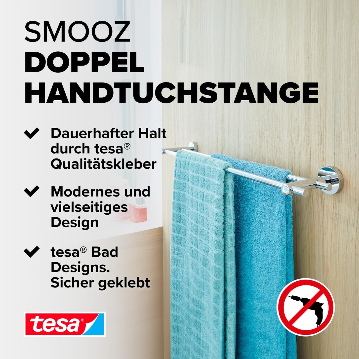 SMOOZ Badetuchstange zweiarmig inkl. Klebelösung ohne Bohren, 640mm x 50mm x 115mm Handtuchstange