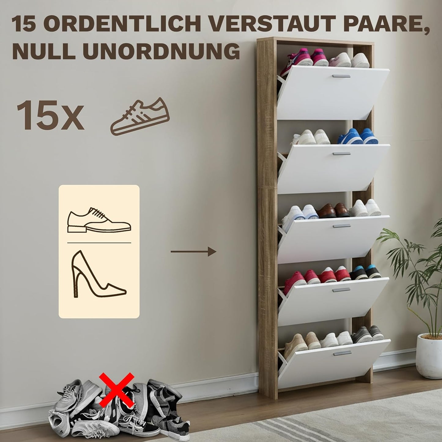 Schuhschrank mit 5 Kippfächern für 15 Paar Schuhe, 5 Türen Weisse Türen, Rahmen aus Hellem Holz