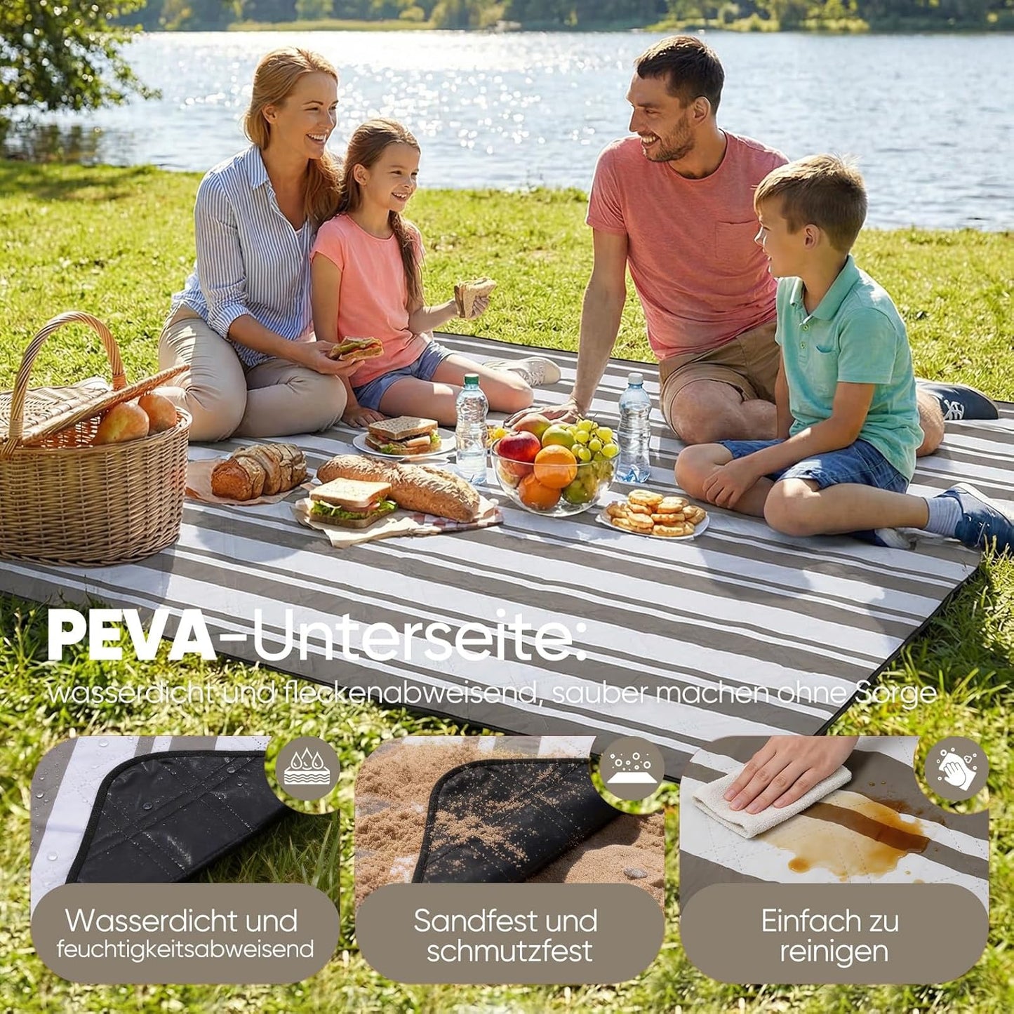 Wasserdichte Picknick- und Stranddecke, 200x300 cm Taupe - Streifen