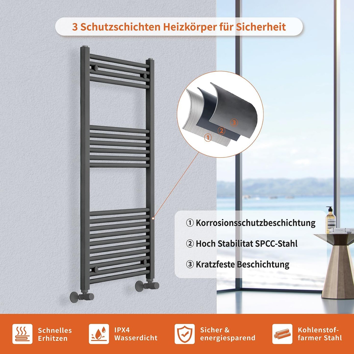 R01 Badheizkörper mit Seitenanschluss, Grau 1200x500mm
