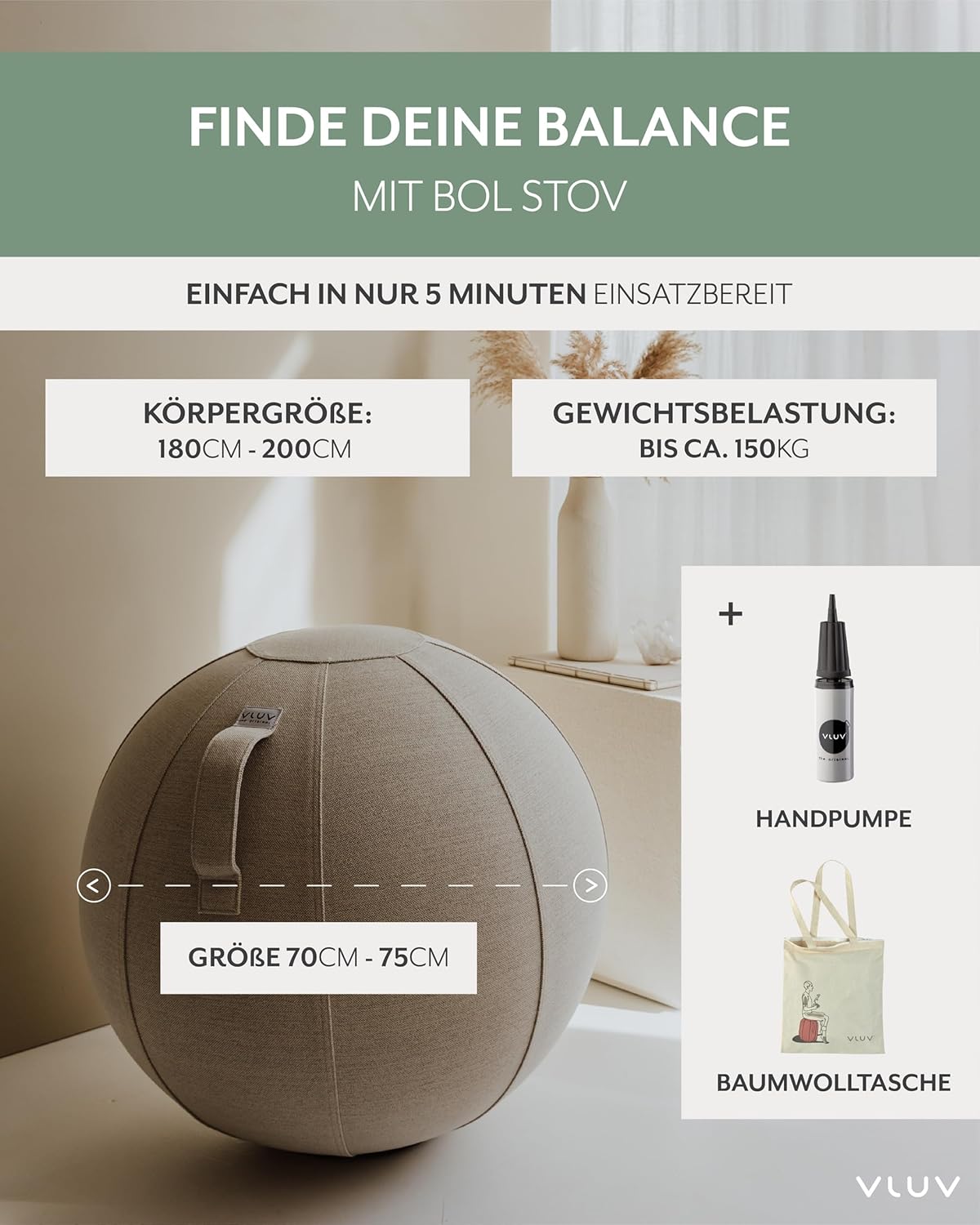 Ergonomischer Sitzball Stov, 70cm - 75cm GRAU