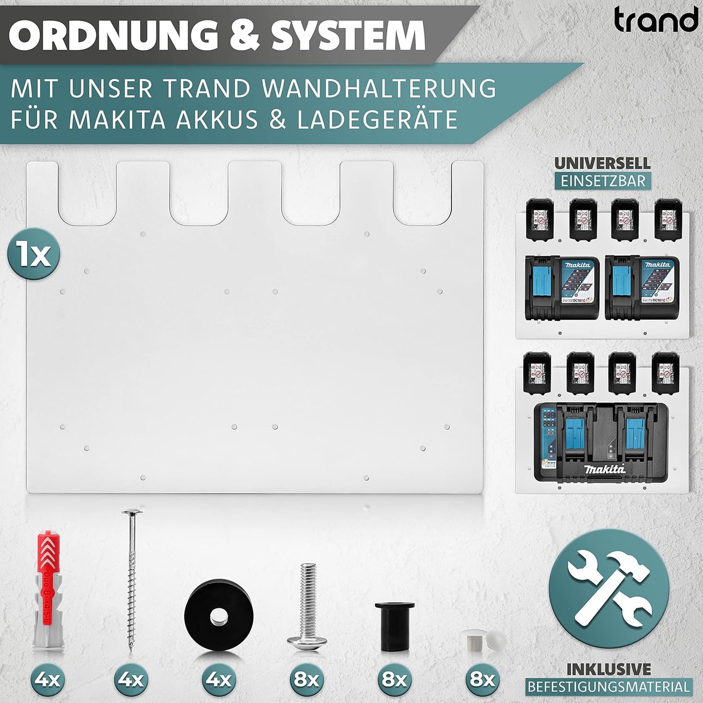 Wandhalterung für Makita Akkus & Ladegeräte, 1x Halter für 4 Akkus & Ladegerät