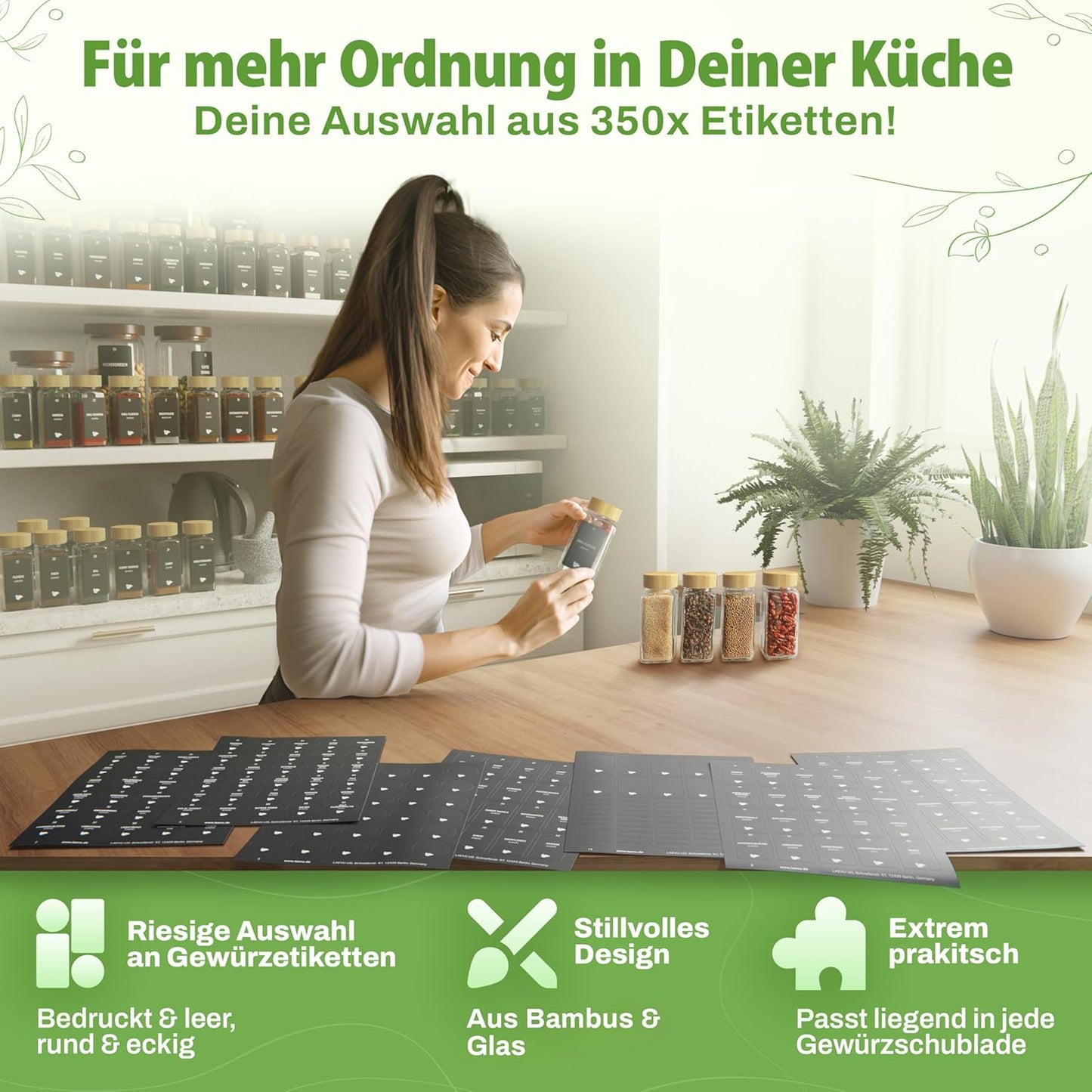 24-teiliges Gewürzgläser Set Eckig mit Gewürzetiketten, Streueinsätze, 24er Set - Bambus