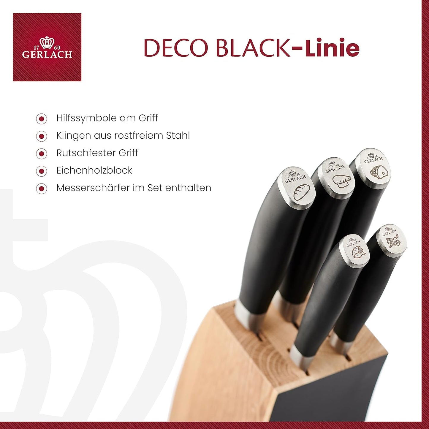 Deco Black, 5 Messer im Block + Wetzstahl