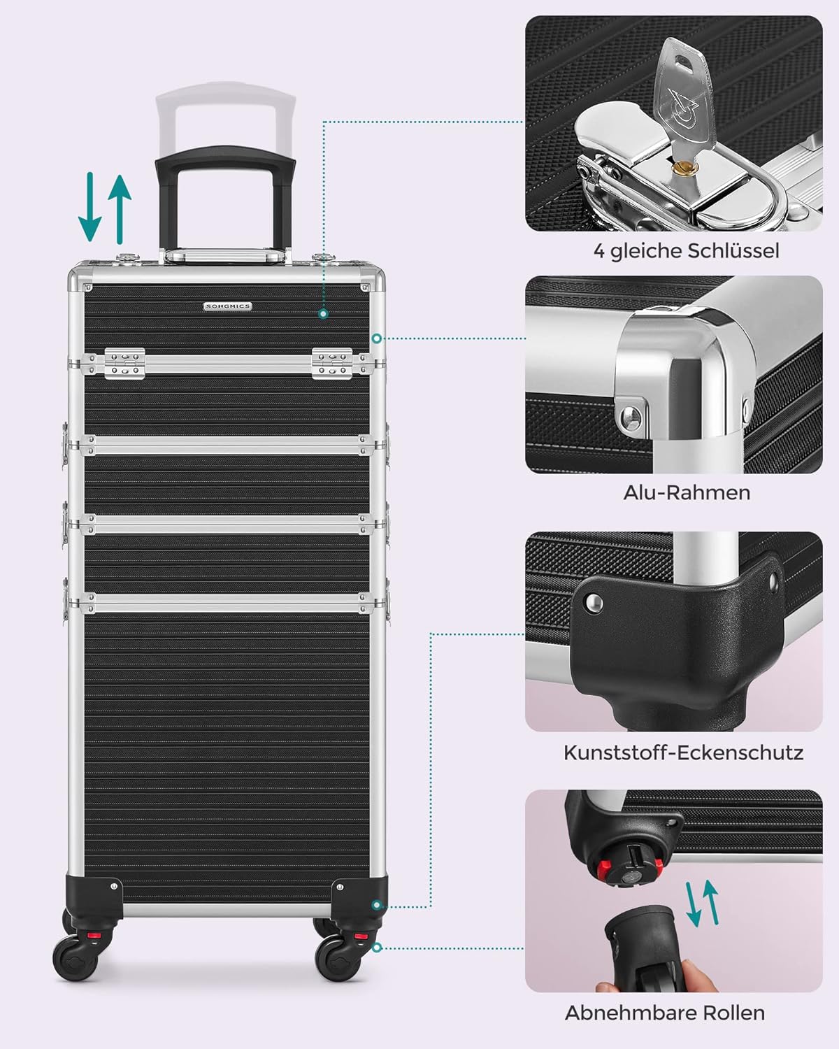 4-in-1 Kosmetikkoffer mit Rollen, Schwarz 4 in 1 (34 x 24 x 79,3 cm)