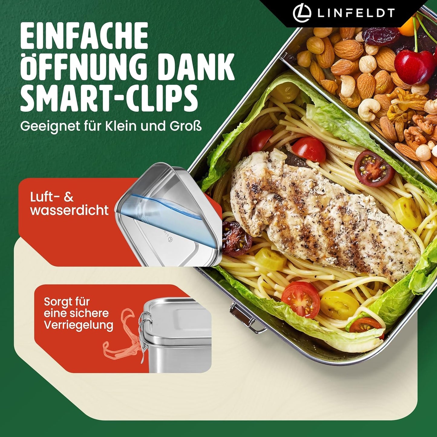 Brotdose mit 3 Fächern, Edelstahl 1400ml
