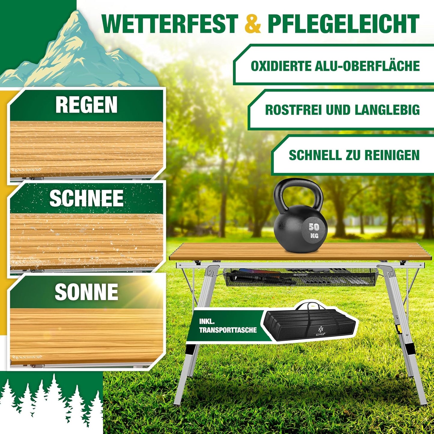 Faltbarer Campingtisch mit Aluminiumrahmen 90x53 cm, 90 cm x 53 cm Holz-optik