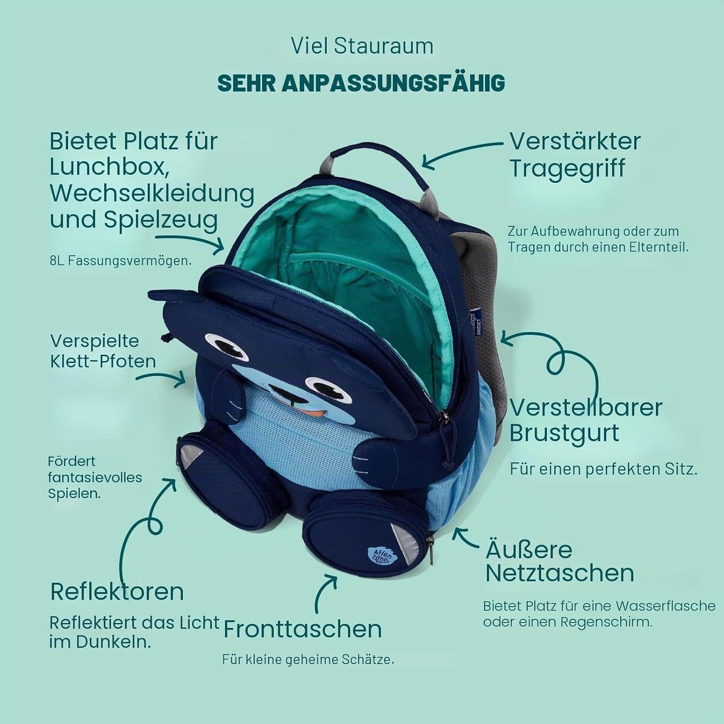 Kindergartenrucksack Grosser Freund, 8 L Bär - Blau