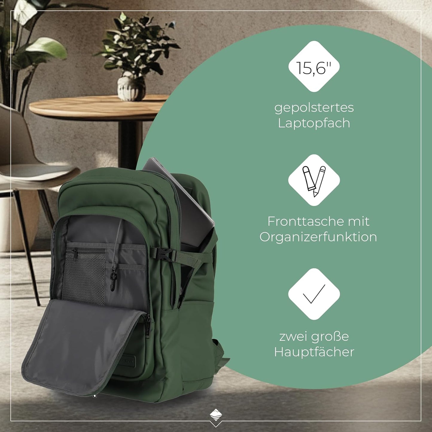 Wasserabweisender Tagesrucksack mit Laptopfach 15,6", Oliv