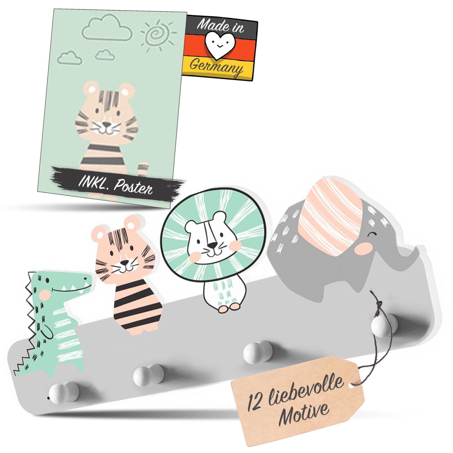 Kindergarderobe mit 4 Haken und A4 Poster, Junglefreunde Grau
