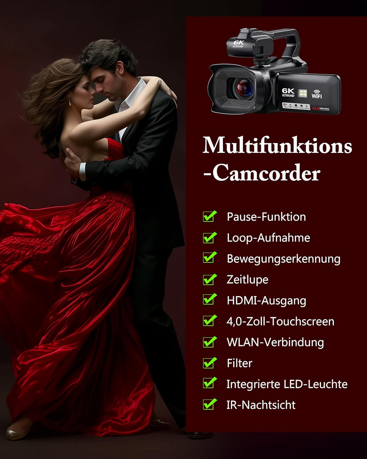 Videokamera mit Nachtsicht und Stabilisator, Schwarz