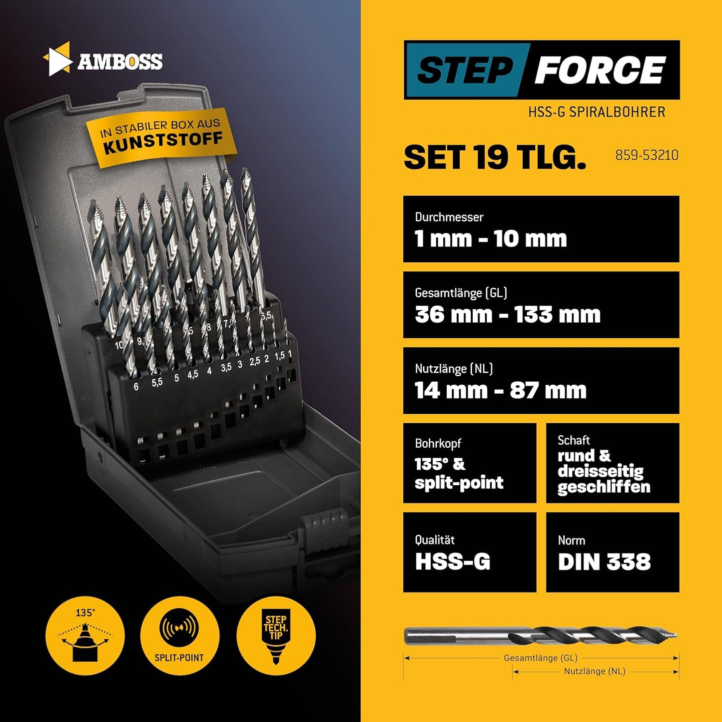 19-tlg.Step Force Spiralbohrer-Set, 1-10 mm für Metall, Metall HSS-G, 1x Set HSS-G 19tlg. (Ø1-10)