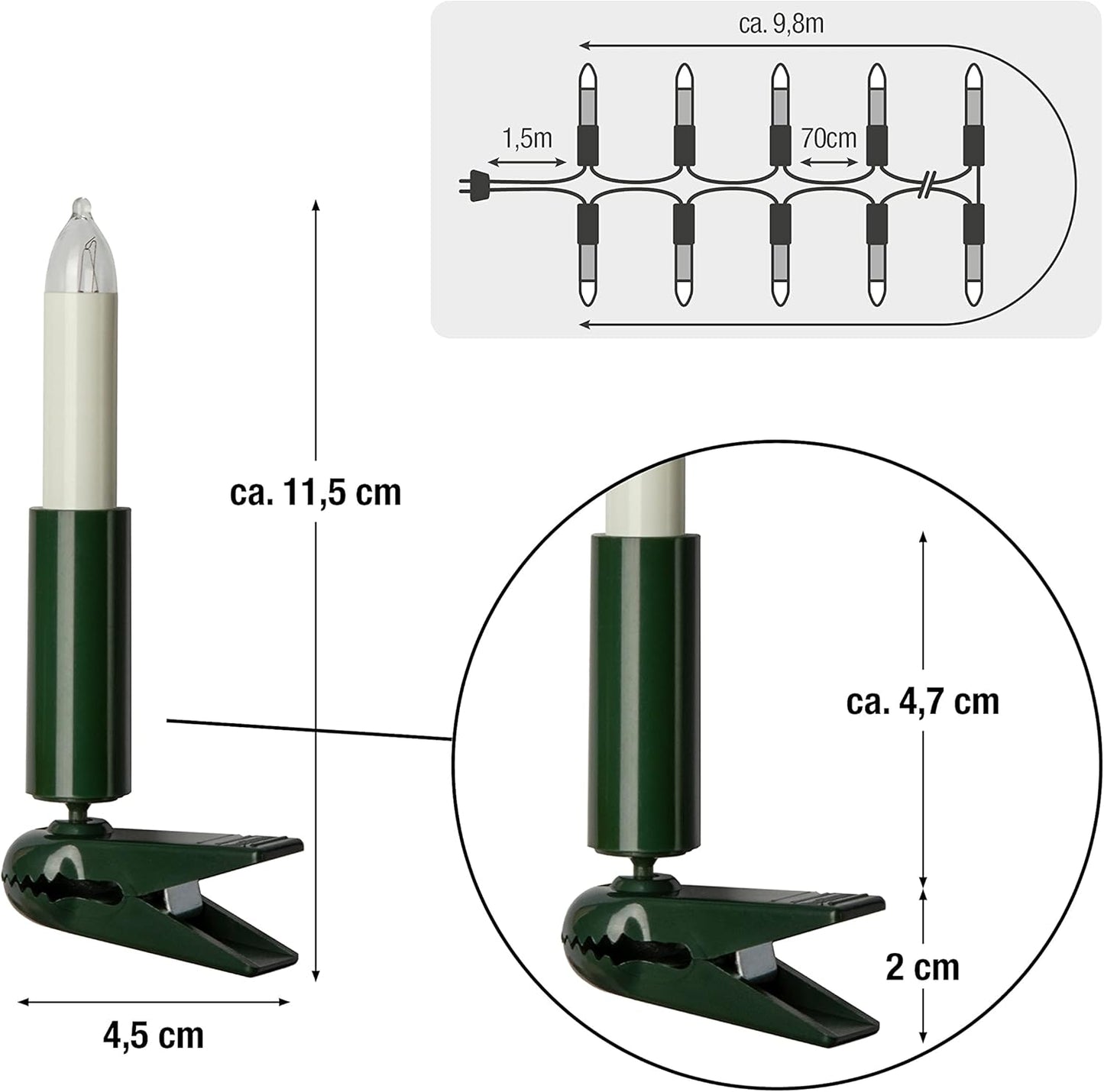 Weihnachtsbaum Lichterkette mit Clip, 10 Lichter / 6,3m beleuchtet / Weiss