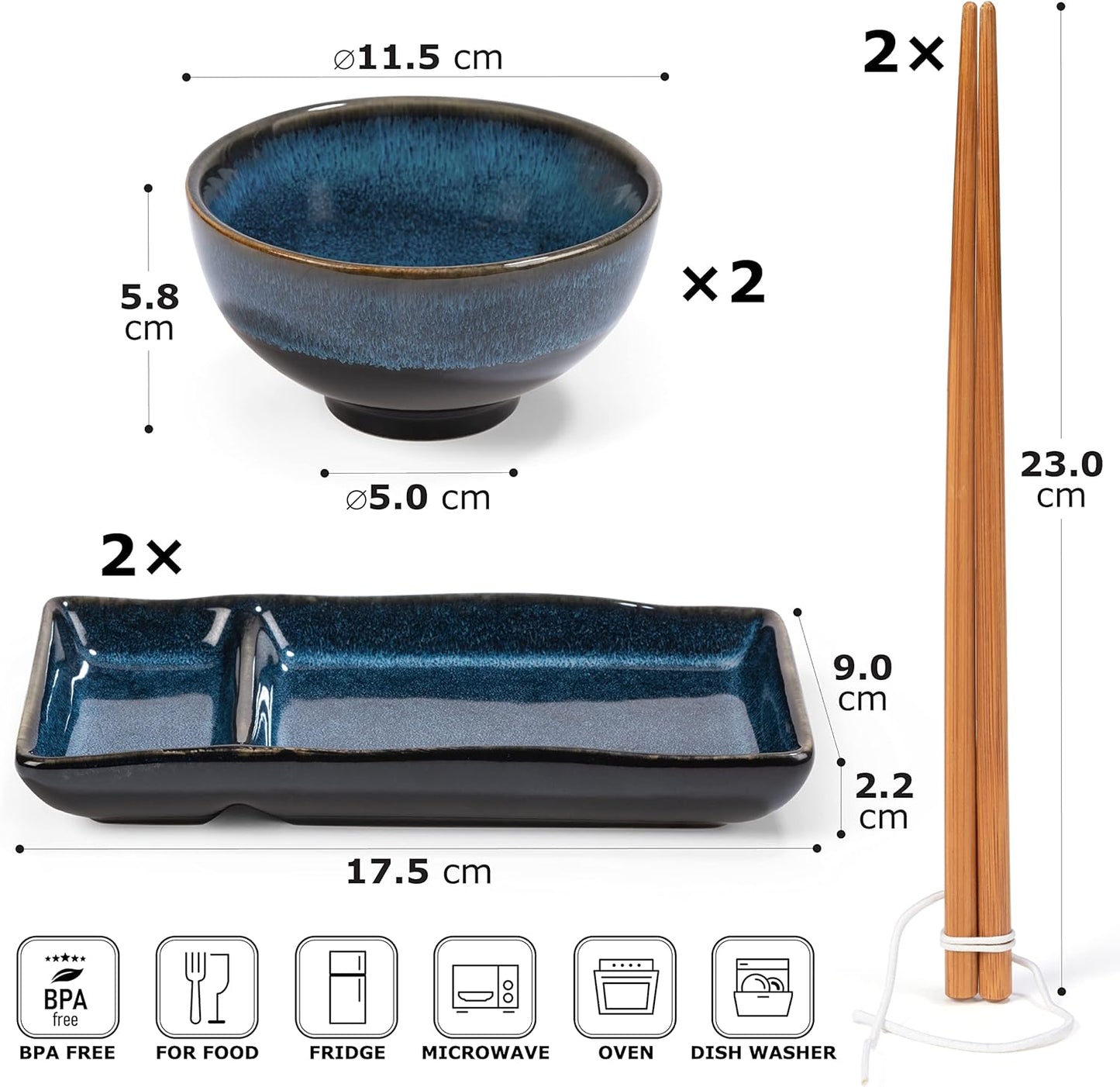 6-teiliges Sushi-Geschirr-Set für 2 Personen, Marinblau