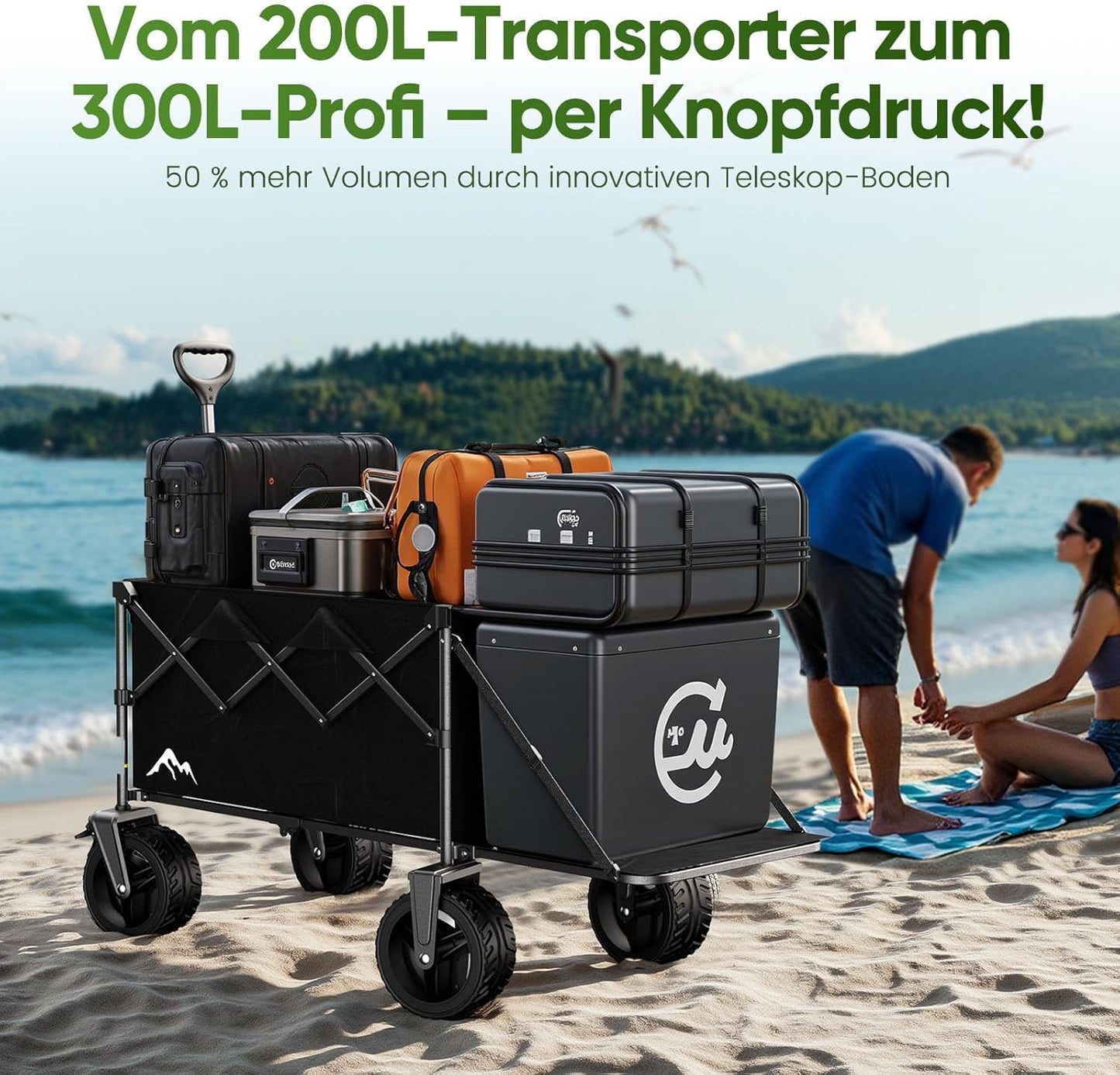 Faltbarer Bollerwagen mit 360° Rädern, Schwarz
