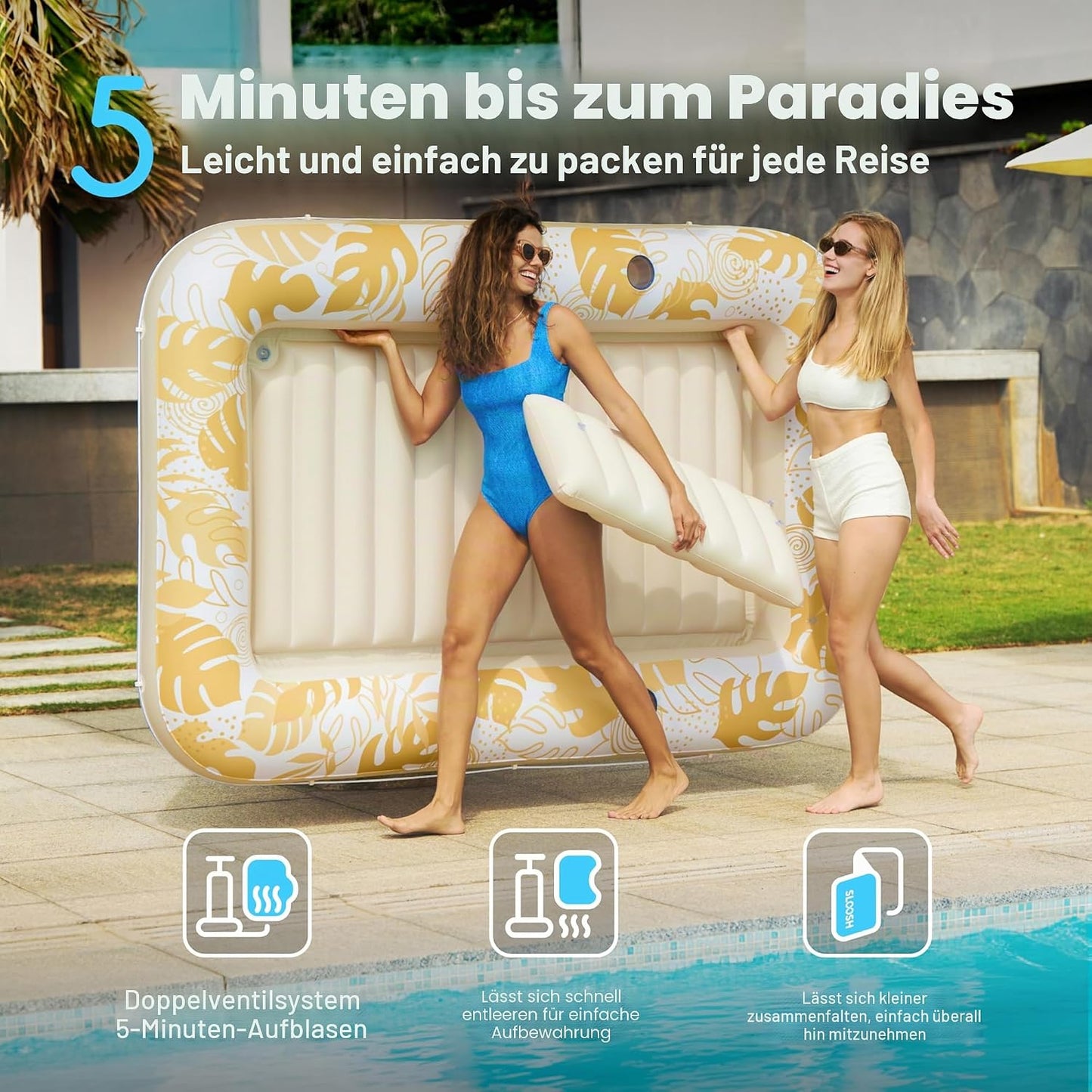 Aufblasbarer 4-in-1 Sonnenliegepool mit Kissen und Getränkehalter, Gold Weiss XL