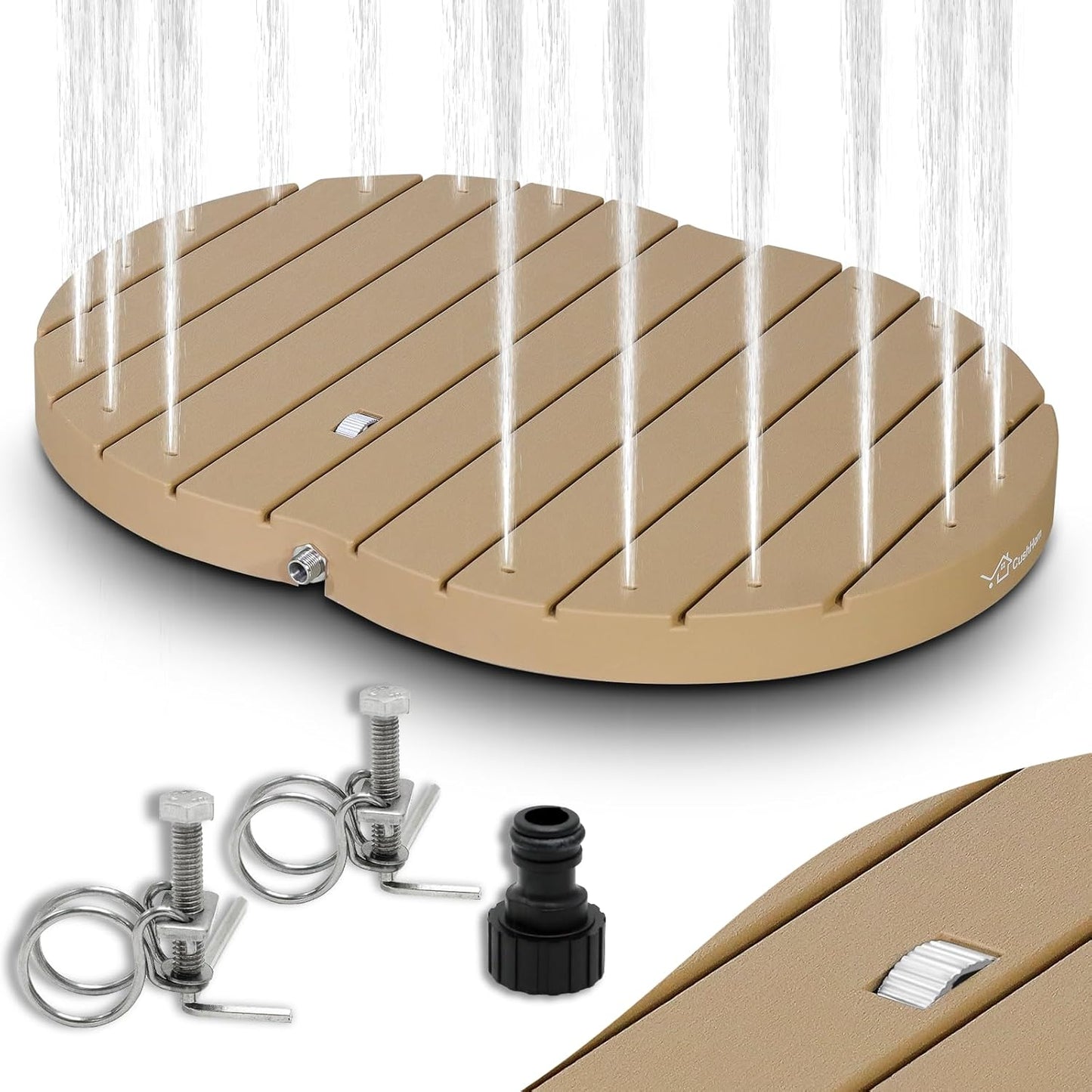 Aussendusche mit Fontänenfunktion und Fussrad, Fontänenhöhe 4m, Holzfarbe
