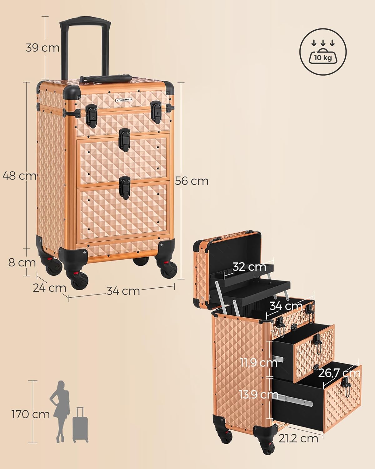 Kosmetikkoffer JHZ008A01 mit 2 Schubladen, 360° Rollen, Champagnergold