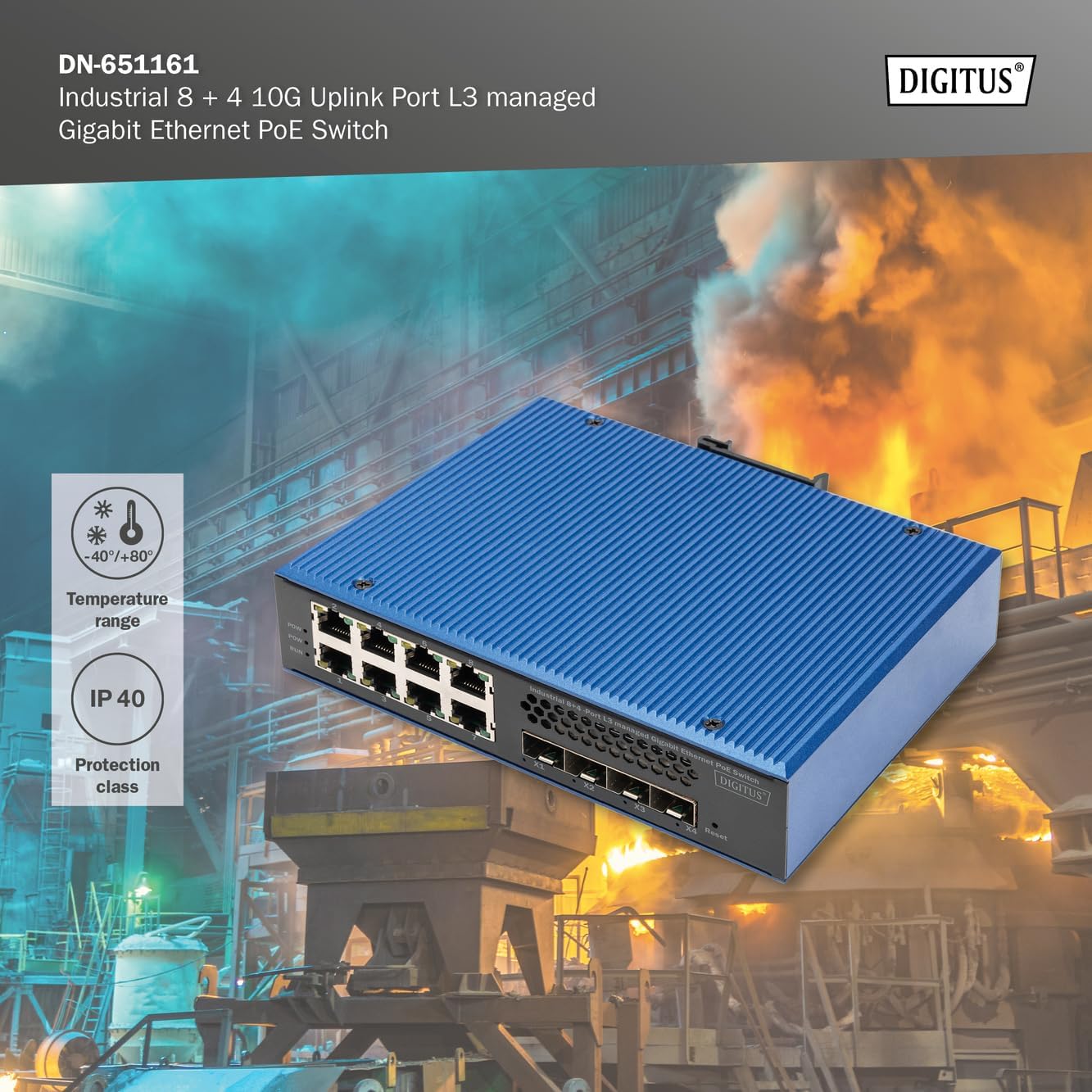 Industrieller PoE Netzwerk-Switch 8-Port + 4 Uplink, 8-Port + 4x Uplink SFP Gigabit Switch L3 Managed (PoE)