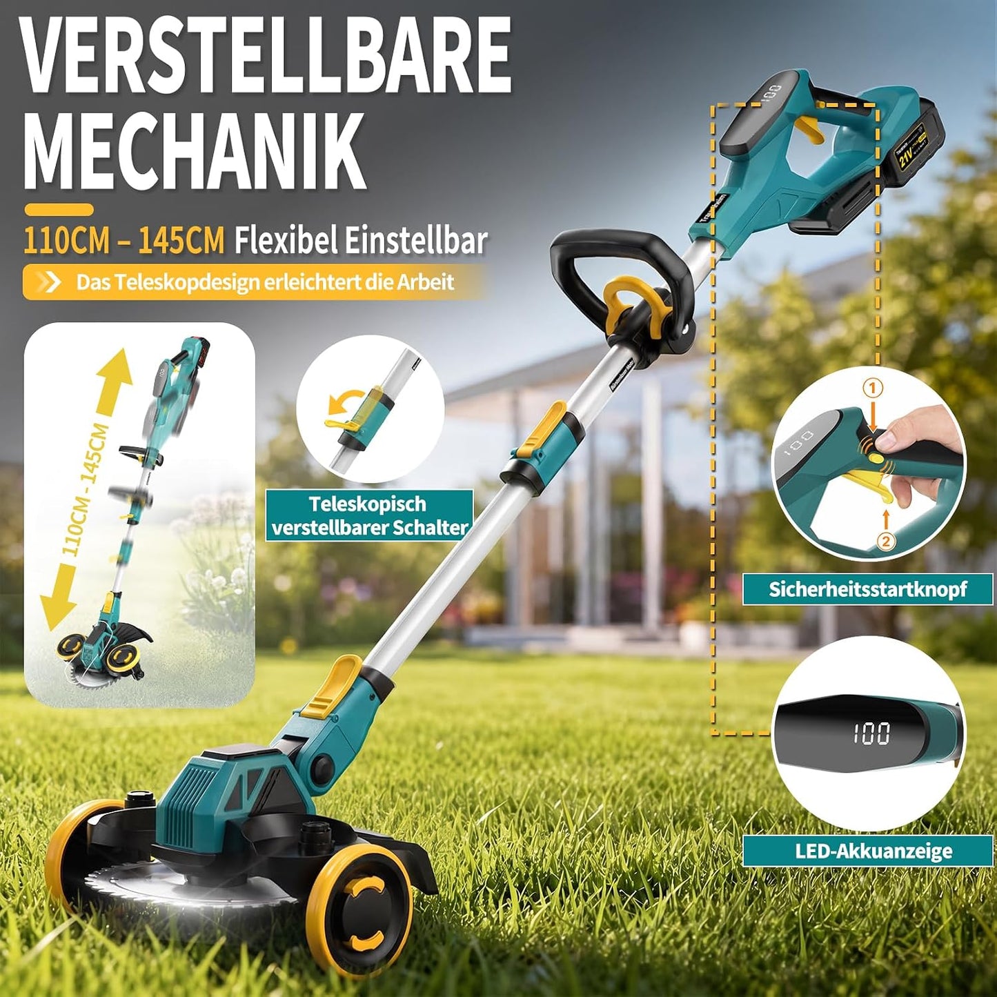 5 in 1 Akku-Rasentrimmer mit Unkrautbürste, Blau