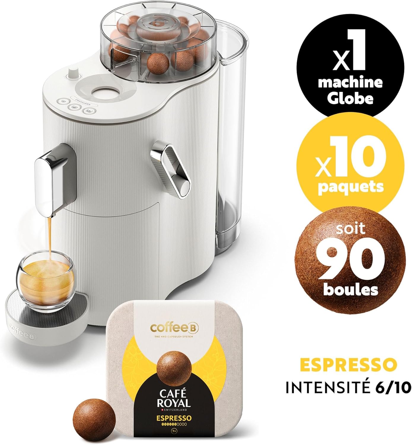 Kaffeemaschine Globe mit 90 kompostierbaren Espressobällen, Weiß +90 Bälle ESPRESSO
