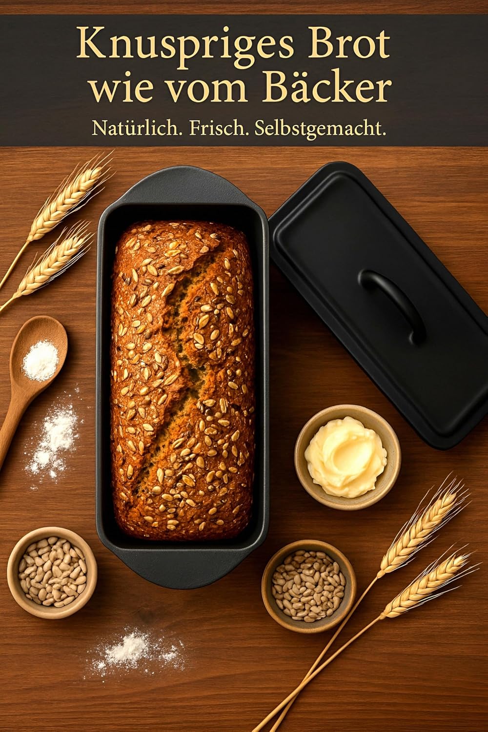 Brotbackform mit Deckel und Silikonhandschuhen, Schwarz