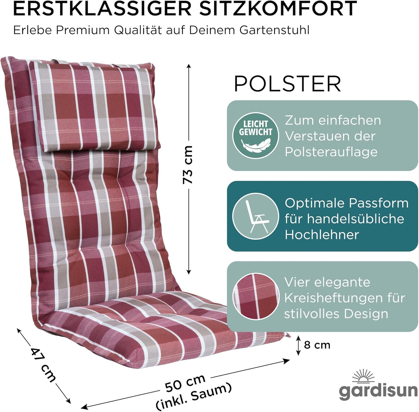 2er-Set Sitzauflagen für Hochlehner, 2-Stück Rot Kariert Pastell (mit Kopfteil)