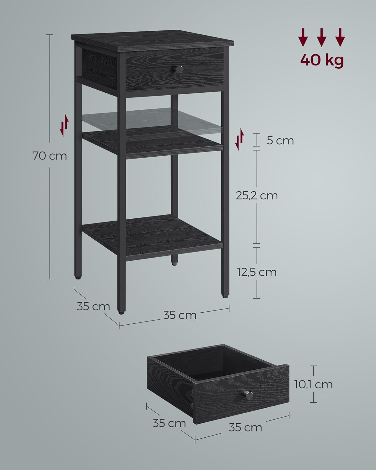 Nachttisch mit Schublade und Fächern im Industrie-Design, Ebenholzschwarz + Tintenschwarz