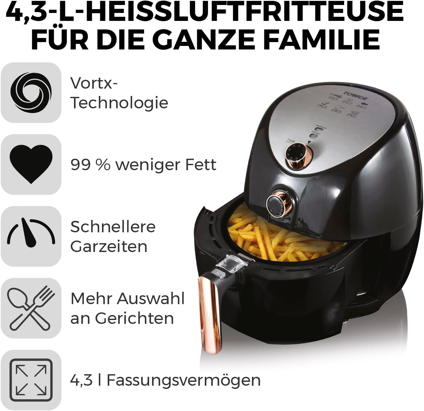 T17021RG Heissluftfritteuse, 4,3 l Heissluftfritteuse Roségold