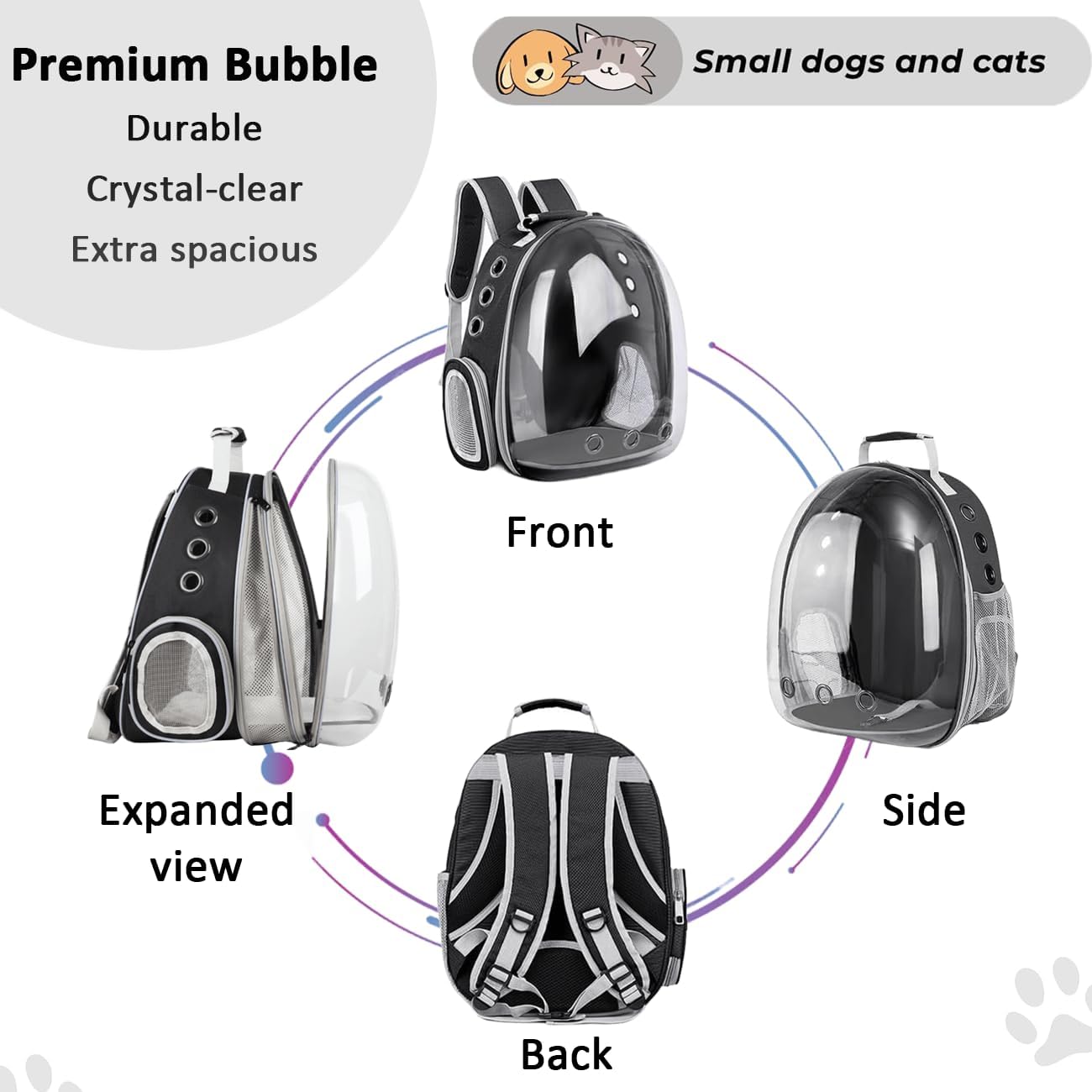 Erweiterbarer Rucksack für Katzen und kleine Hunde, Schwarz Vorderseite Erweitern