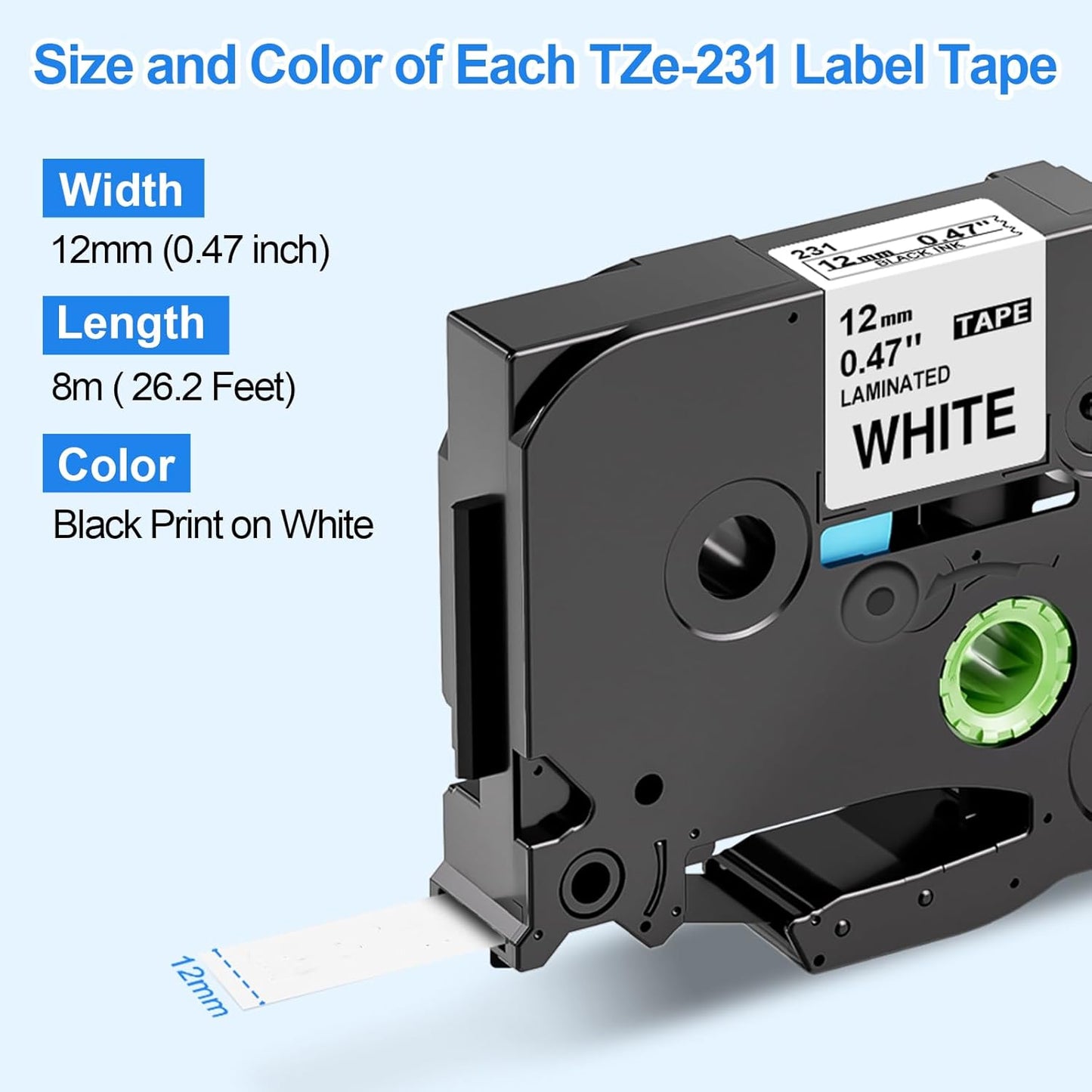 TZe231 kompatible Beschriftungsbänder, Schwarz auf Weiss 12mm x 8m 5