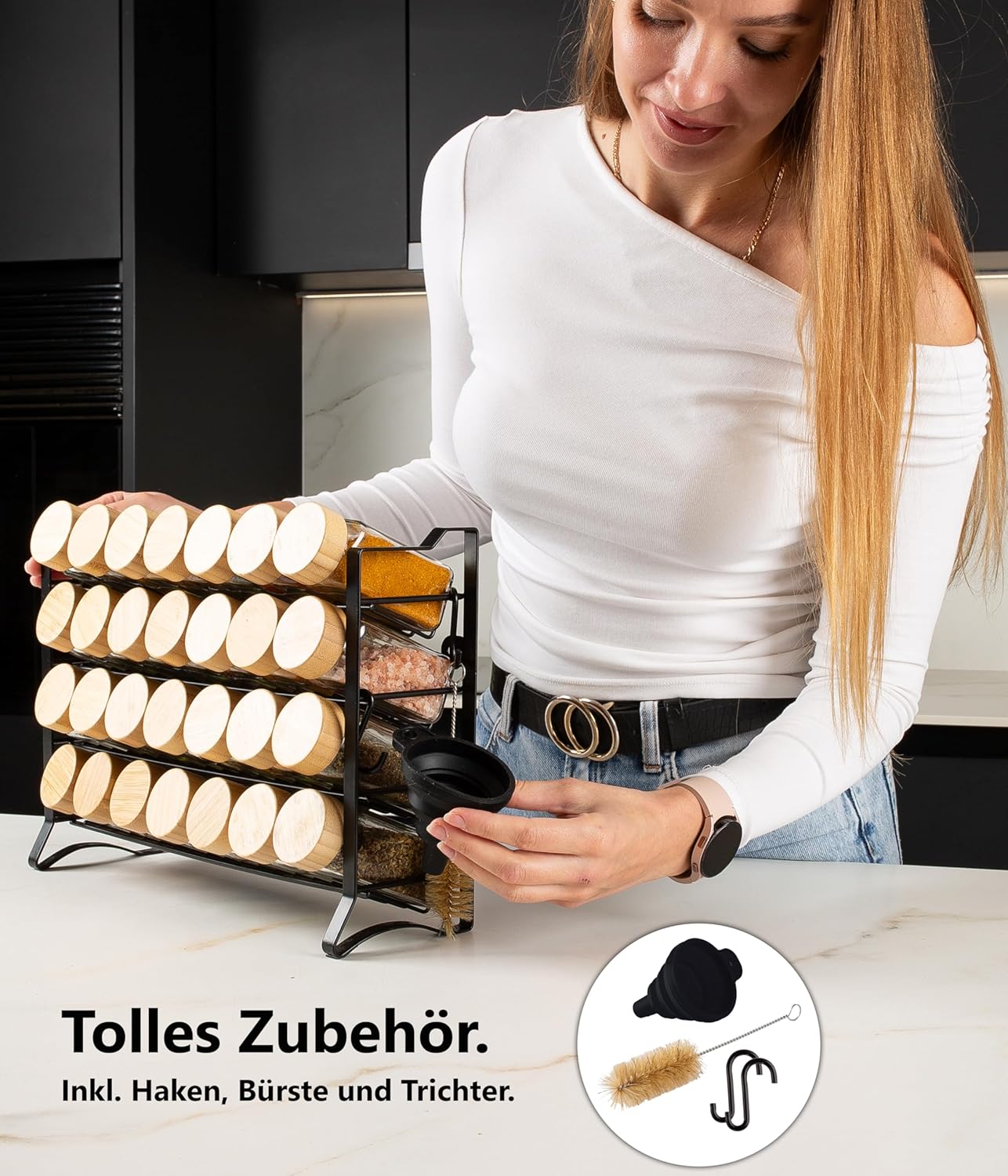 Gewürzregal mit Gewürzgläsern, Schwarz, Deckel Bambus