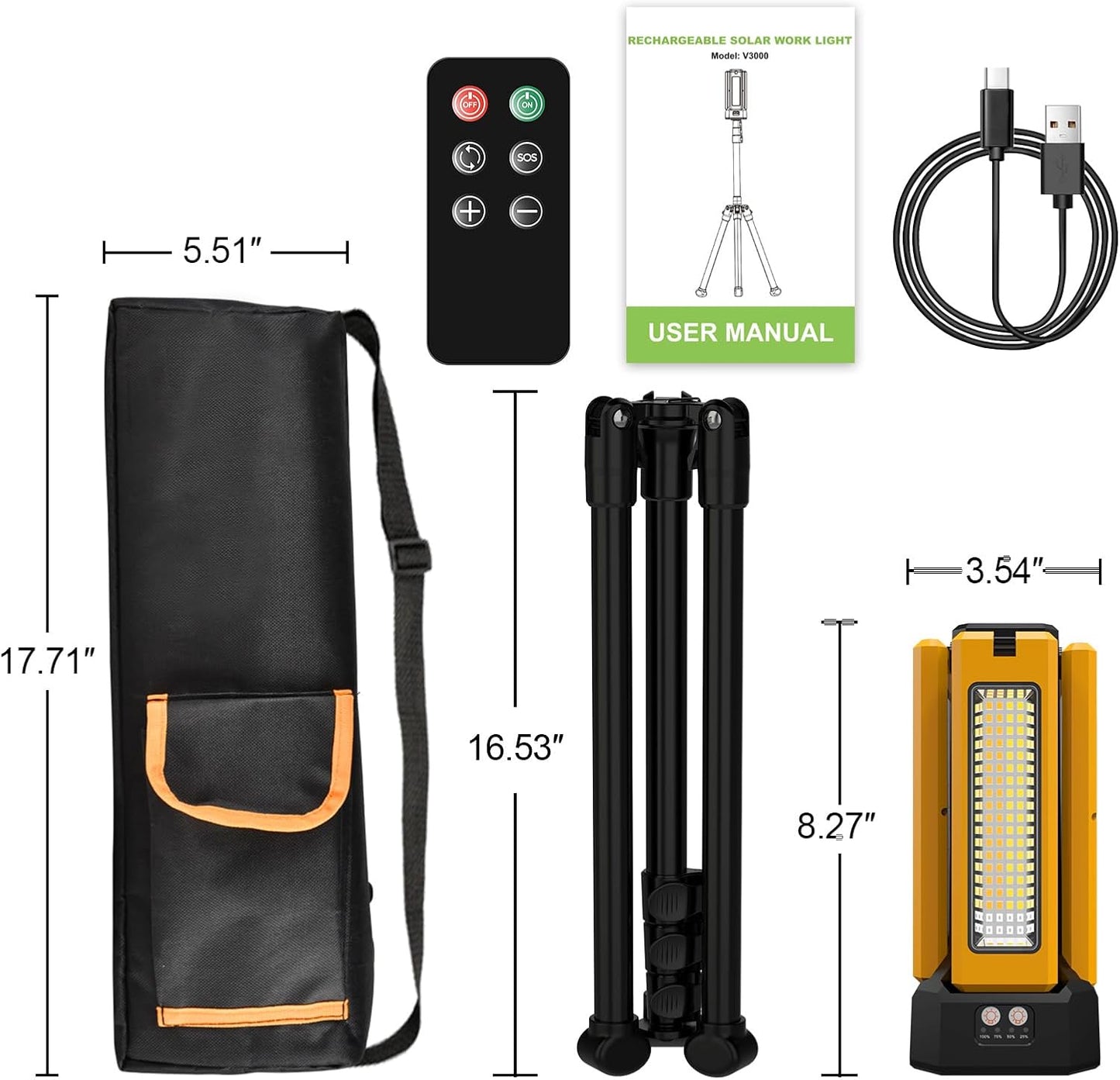 V3000 Solar-Akku LED Baustrahler, Orange mit Fernbedienung