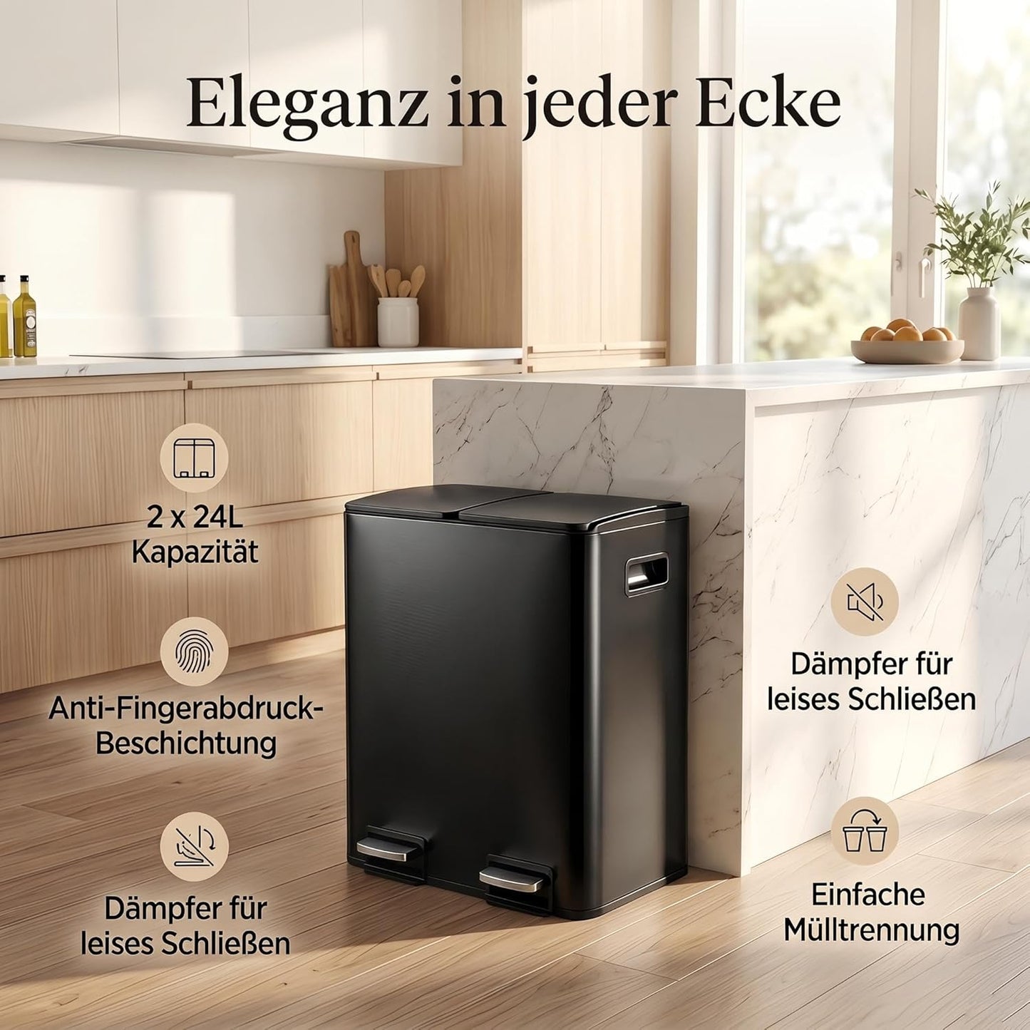 Treteimer mit Mülltrennsystem, Schwarz 48L