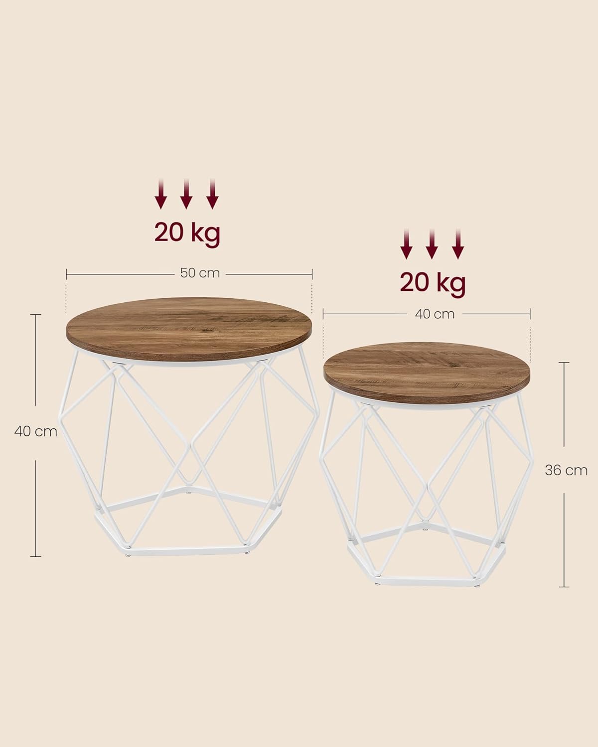 Runder Couchtisch-Set mit abnehmbarer Platte (2-teilig), (50d x 40H) cm+(40d x 36H) cm Honigbraun + Wolkenweiss