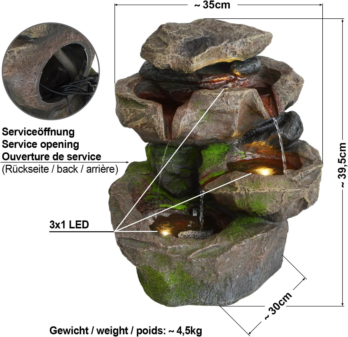 Springbrunnen Stein-Kaskade mit LED-Licht und Wasserfall, Gartenbrunnen Stein-kaskade Schwarzwald mit Led-licht