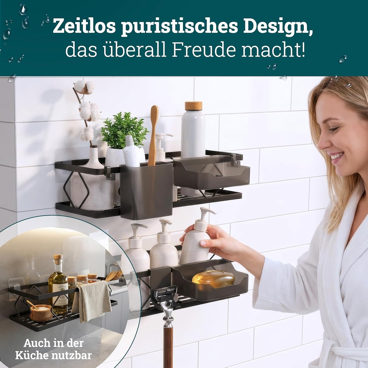 10-teiliges Duschablage-Set ohne Bohren, Set | Schwarz