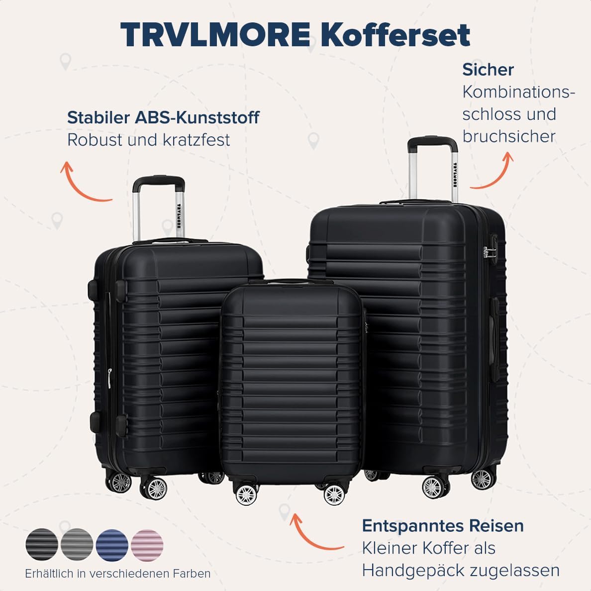 3-teiliges Hartschalenkoffer-Set, Small + Medium + Large Schwarz