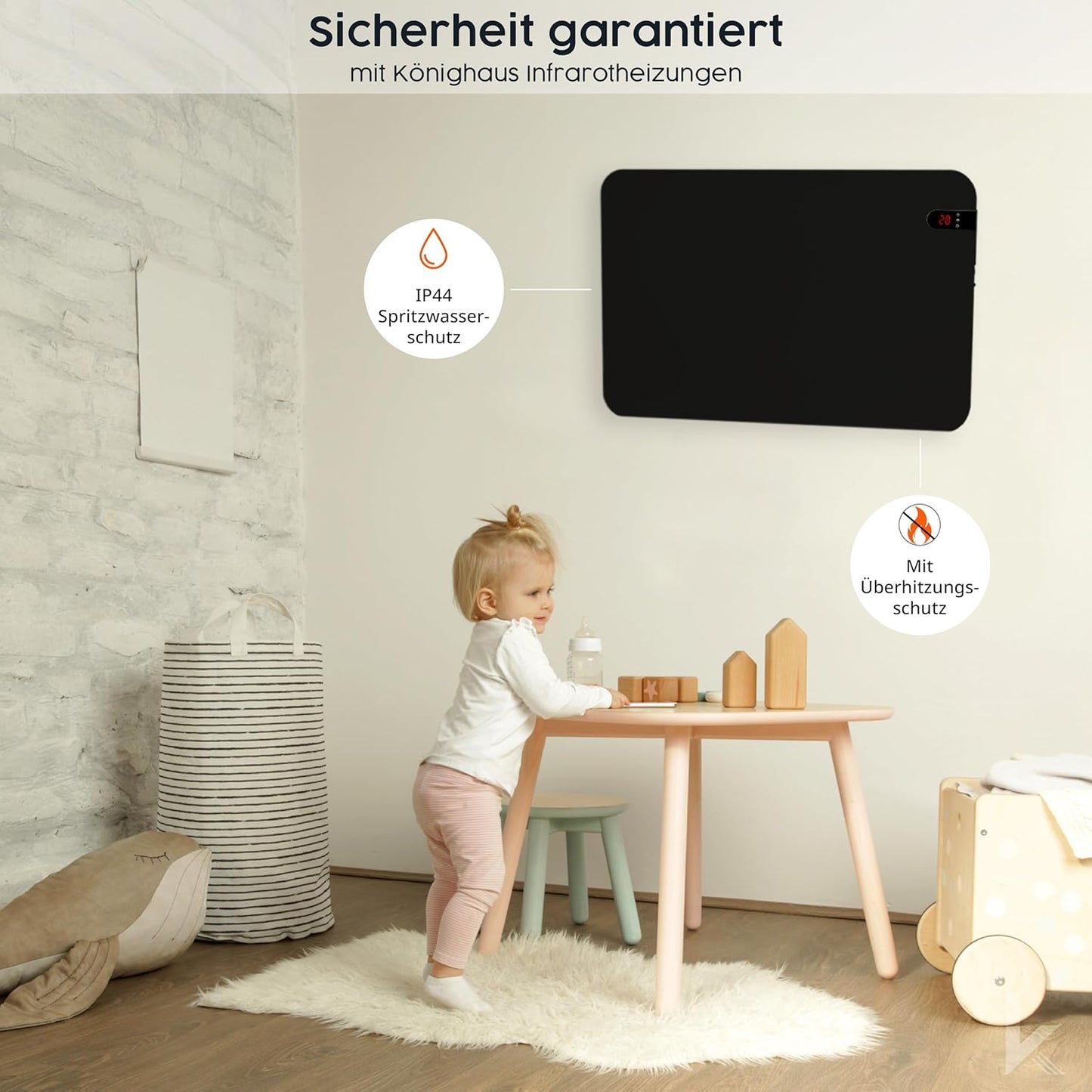 Dual-Infrarotheizung V2 mit App-, Fernbedienung und Handtuchhalterung, 450 Watt - Schwarz mit Display