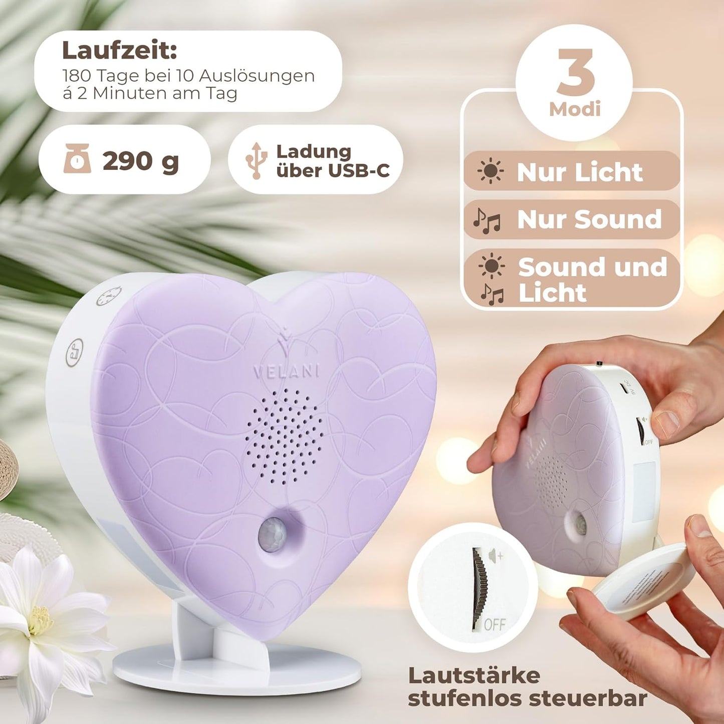 Naturgeräusche-Box mit Bewegungsmelder & Timer, Pastell-violett Herz