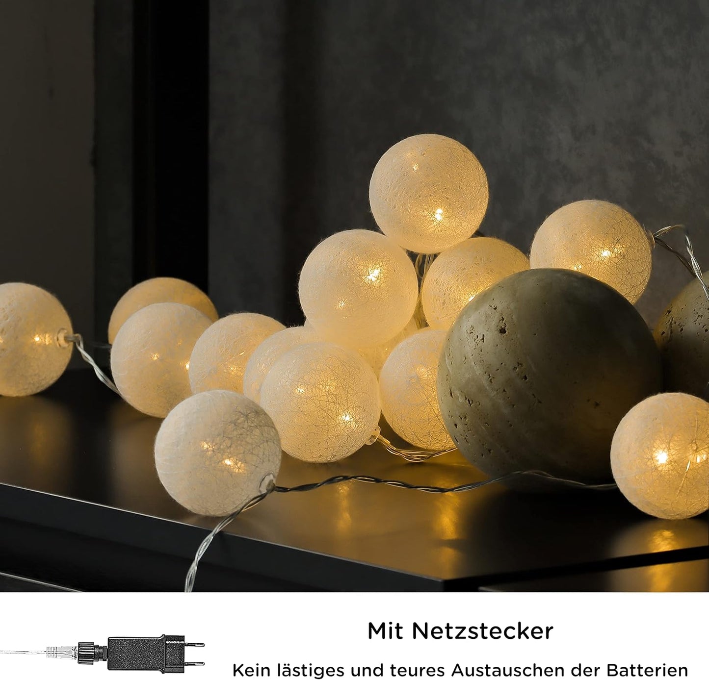 Lichterkette mit Baumwollkugeln, Cotton Ball White