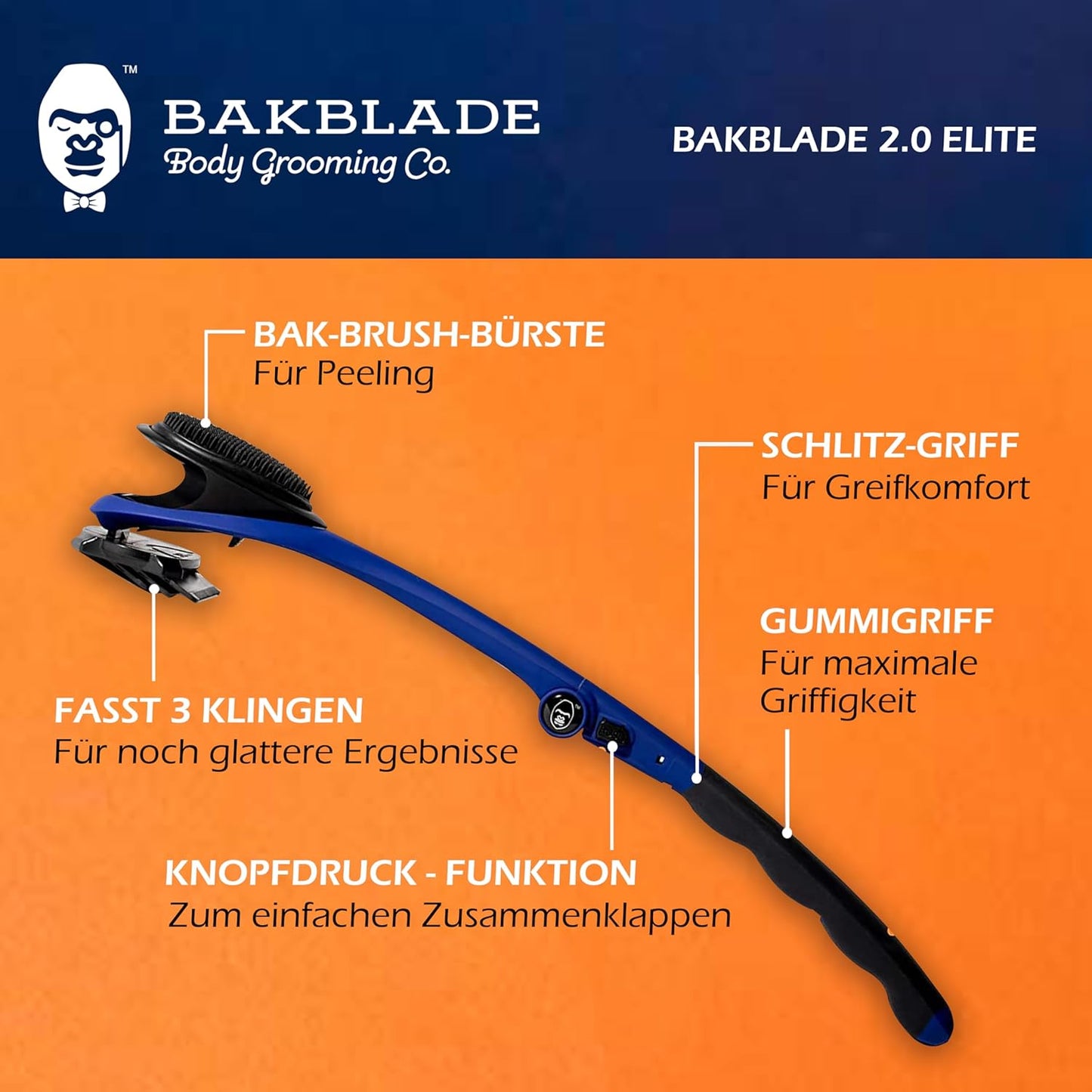 Ergonomischer Rückenrasierer 2.0 Elite mit Ersatzklingen, Bakblade 2.0 Elite